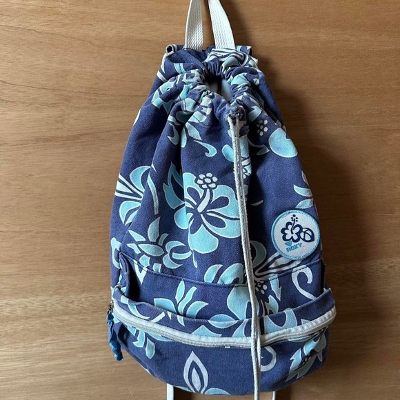 Vintage 90s Roxy Blue and white Hawaiian hibiscus floral backpack - Picture 1 of 4
